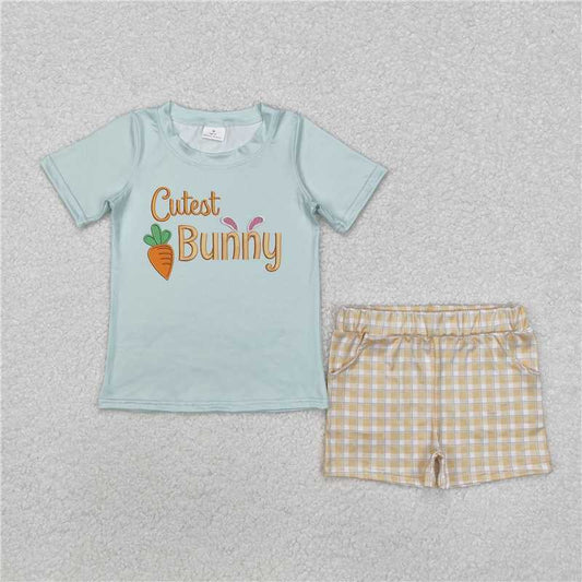 BSSO1073 cutest bunny carrot green short-sleeved orange plaid shorts set