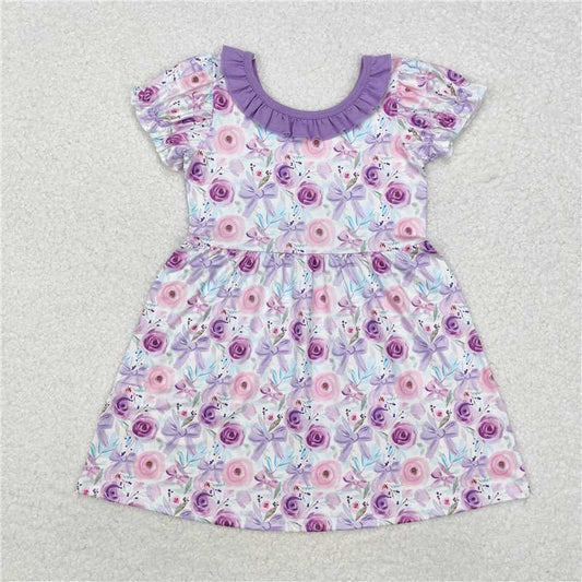 GSD1516 Flower and bow pattern purple lace short-sleeved dress