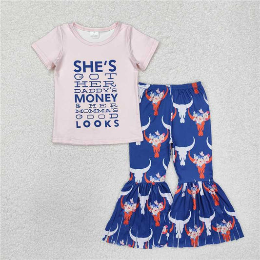 GSPO1720 money looks pink short-sleeved alpine bull head tassel blue trousers suit