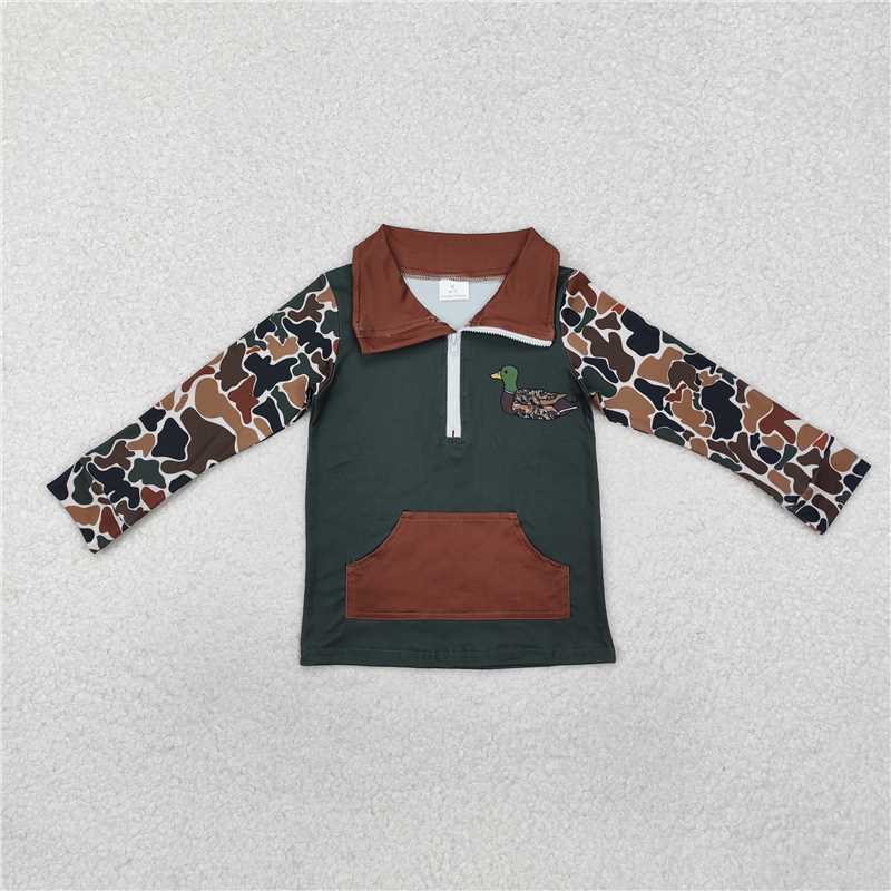 BT0927 Camouflage beige duck brown pocket zipper long sleeve top