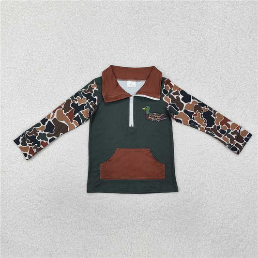 X1.1  BT0927 Camouflage Beige Duck Brown Pocket Zipper Long-Sleeve Top