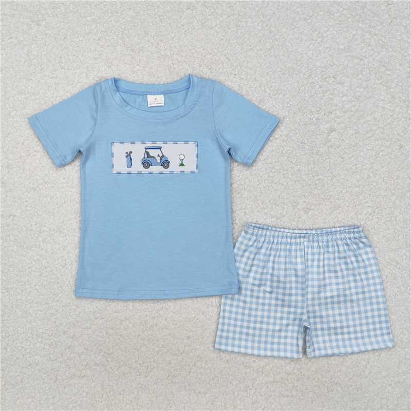 BSSO1052 Golf sightseeing car blue short-sleeved plaid shorts set