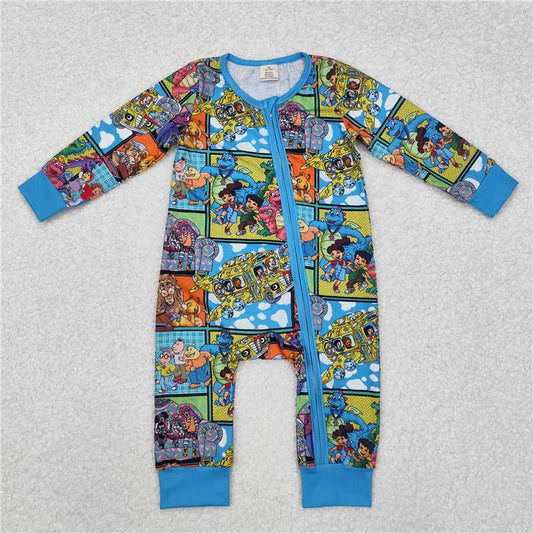 LR2040 Modal cartoon lion dinosaur blue zipper long-sleeved jumpsuit