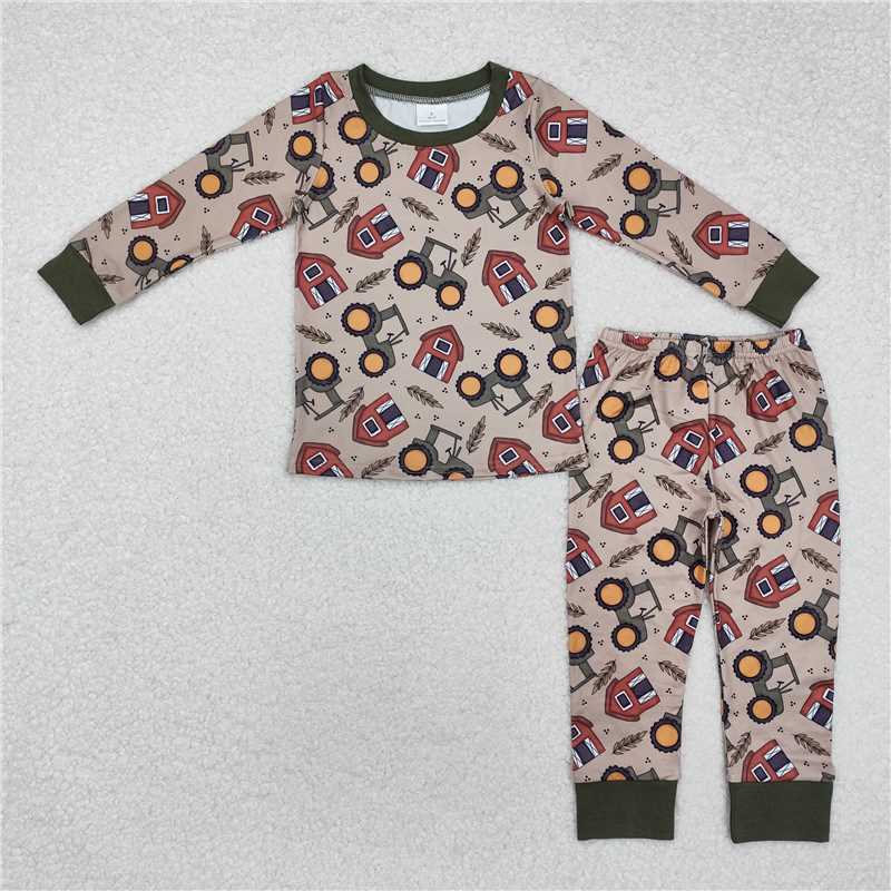 BLP0803 Farm tractor house brown green long sleeve long pants pajama set