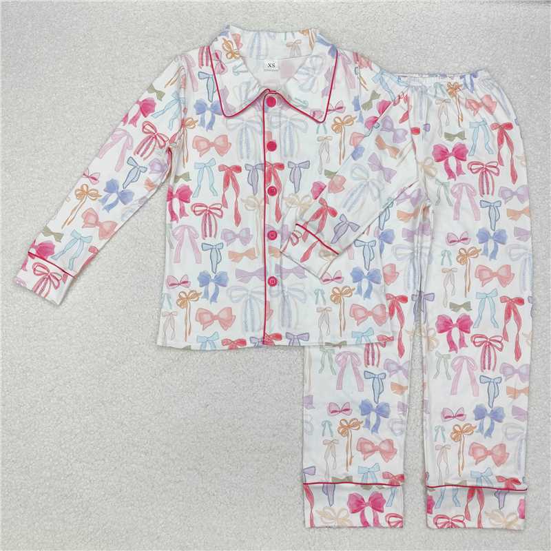 4.9 GLP2077 Adult female colorful bow pattern white long-sleeved long pants pajamas set