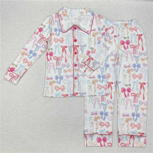 4.9 GLP2077 Adult female colorful bow pattern white long-sleeved long pants pajamas set
