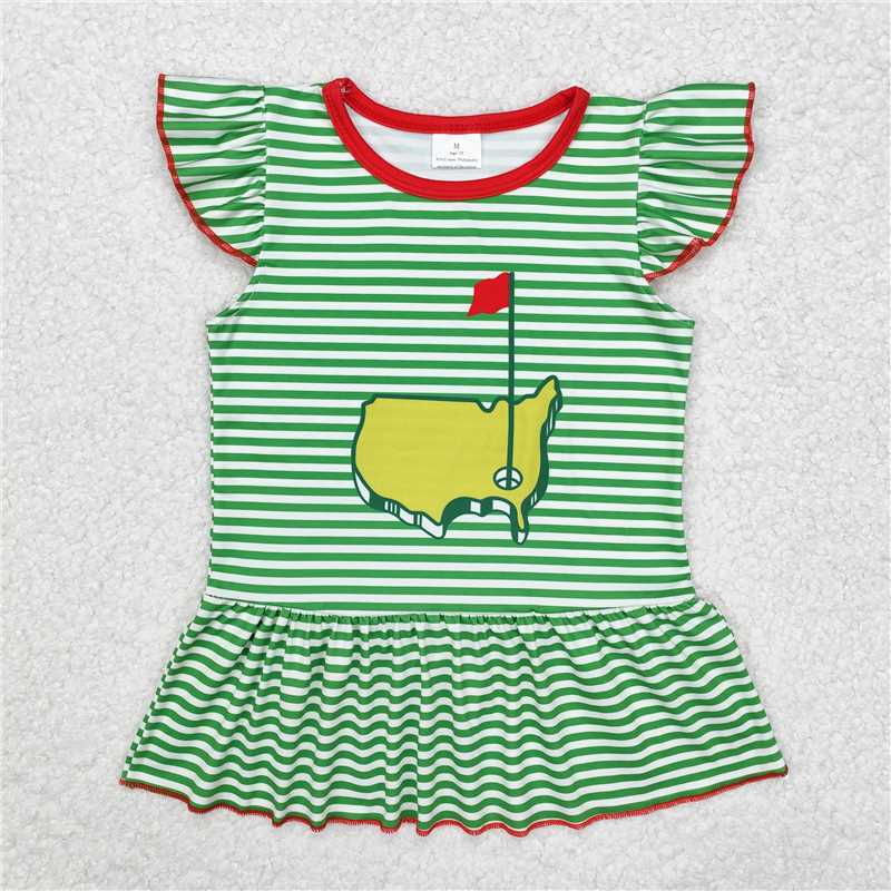 GT0771 Red Flag Map Golf Course Green Striped Fly Sleeve Top