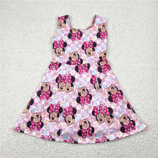 4.28  GSD2461 Mickey and Minnie flower pink and white plaid yoga sleeveless dress