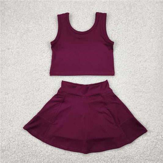 4.24  GSD1981 Solid maroon sleeveless skirt yoga set