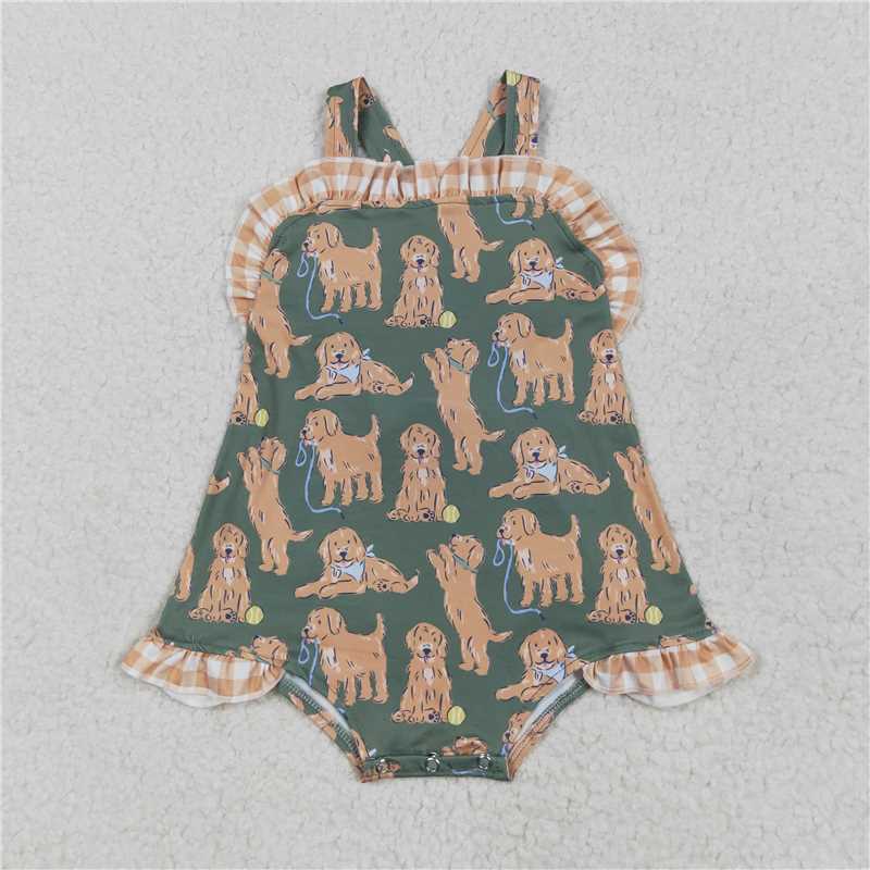 5.1 SR2986 Puppy Brown Plaid Lace Bow Green Vest Bodysuit