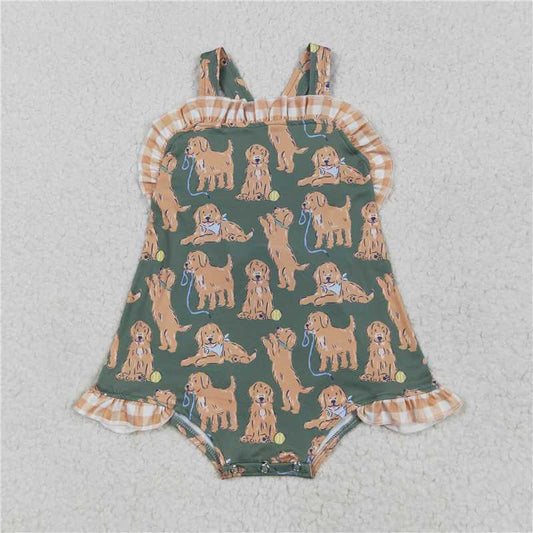5.1 SR2986 Puppy Brown Plaid Lace Bow Green Vest Bodysuit