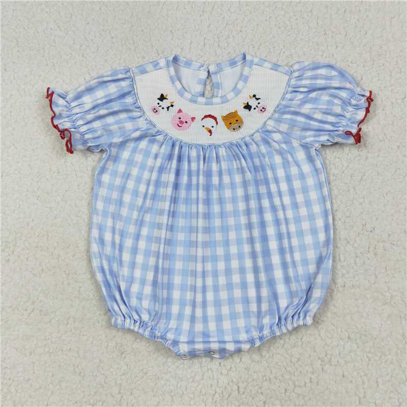 6.23 SR2981 smocked embroidered farm animals blue and white plaid short sleeve jumpsuit