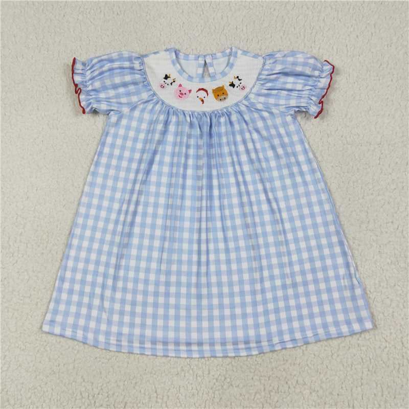 6.23  GSD2275 smocked embroidered farm animals blue and white plaid short sleeve dress