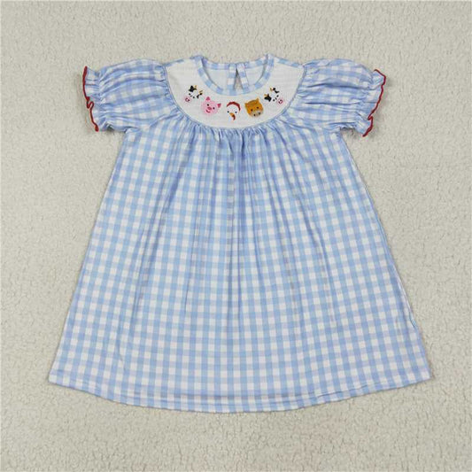 6.23  GSD2275 smocked embroidered farm animals blue and white plaid short sleeve dress