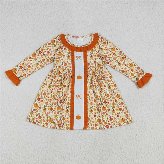 6.25  GLD1058 Embroidered bow pumpkin flower leaf orange lace long sleeve dress