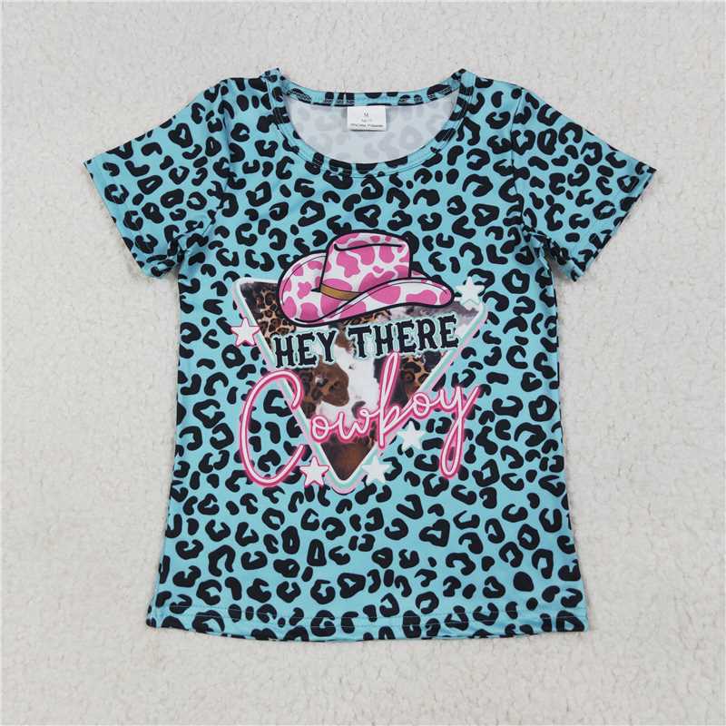 7.23  GT0934 cowboy hat leopard print blue short-sleeved top