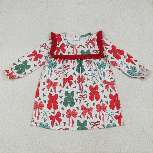 6.26  GLD1046 Christmas red and green bow pattern lace long sleeve dress