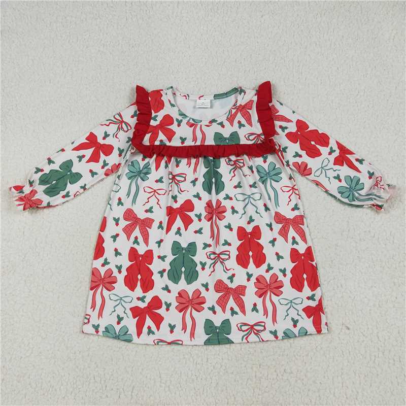 7.24 GLD1046 Christmas red and green bow pattern lace long sleeve dress