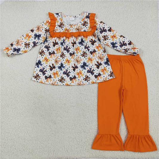 7.24  GLP2344 Halloween star and bow pattern orange lace white long-sleeved trousers suit