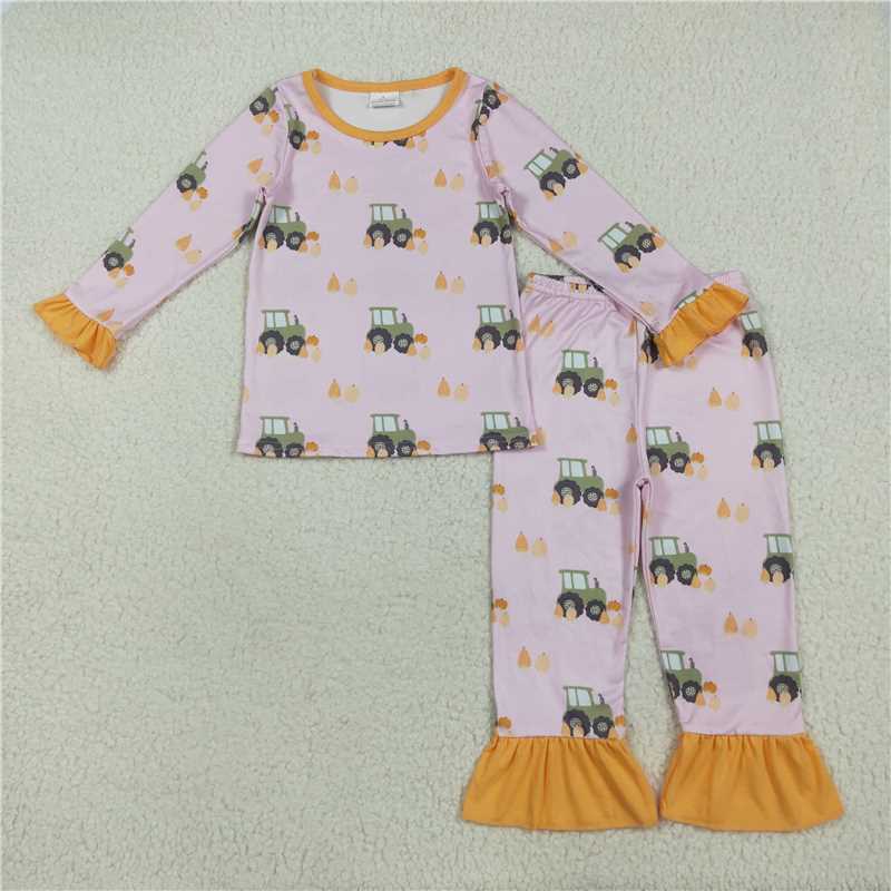 7.24 GLP2506 Tractor Pumpkin Orange Pink Long Sleeve Long Pants Pajama Set