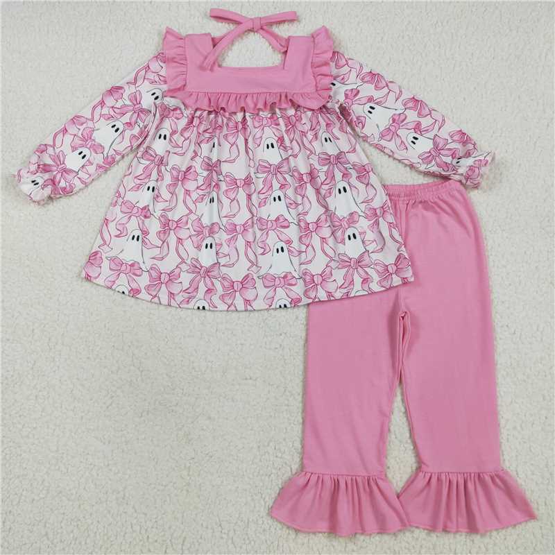 7.24 GLP2362 Halloween ghost bow pattern pink lace straps long sleeves and pants suit