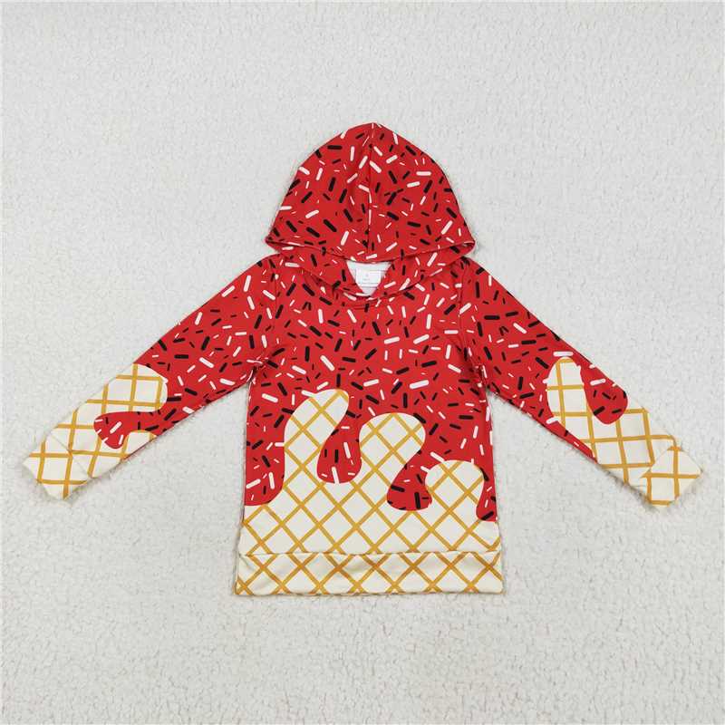 7.25 BT1272 Waffle Ice Cream Red Hooded Long Sleeve Top