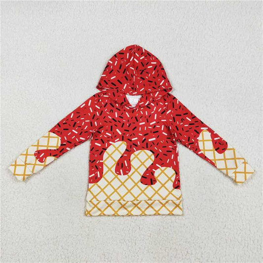 7.25 BT1272 Waffle Ice Cream Red Hooded Long Sleeve Top