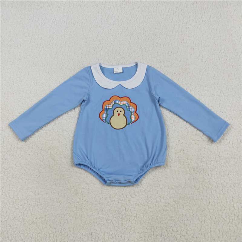 X8.18  LR2261 Blue long-sleeved bodysuit with embroidered turkey collar