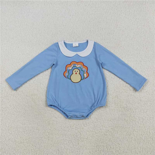 X8.18  LR2261 Blue long-sleeved bodysuit with embroidered turkey collar