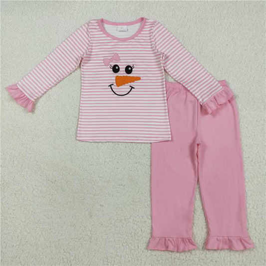 7.25  GLP2520 Embroidered Christmas snowman smiling face pink striped long-sleeved trousers pajamas set
