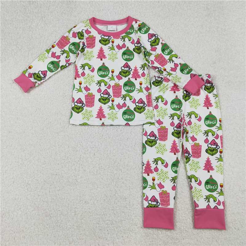 X916 GLP2733 Grinch Christmas Tree Snowflake Gift Pink and White Long-Sleeved Pants Pajama Set
