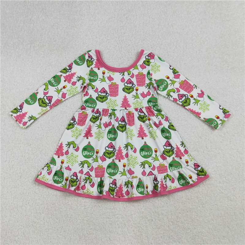 X915 GLD1277 Grinch Christmas tree gift snowflake pattern white long-sleeved dress