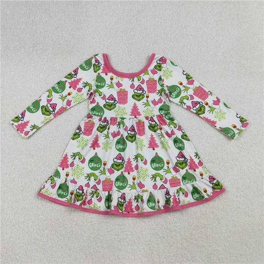 X915 GLD1277 Grinch Christmas tree gift snowflake pattern white long-sleeved dress