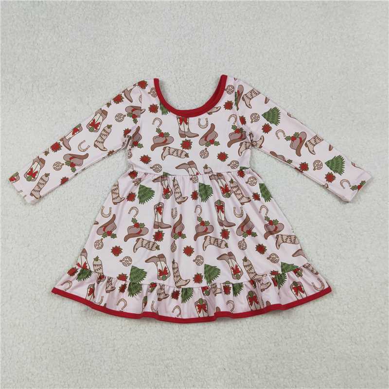 X915  GLD1274 Pink long-sleeved dress with Christmas tree boots and hat pattern