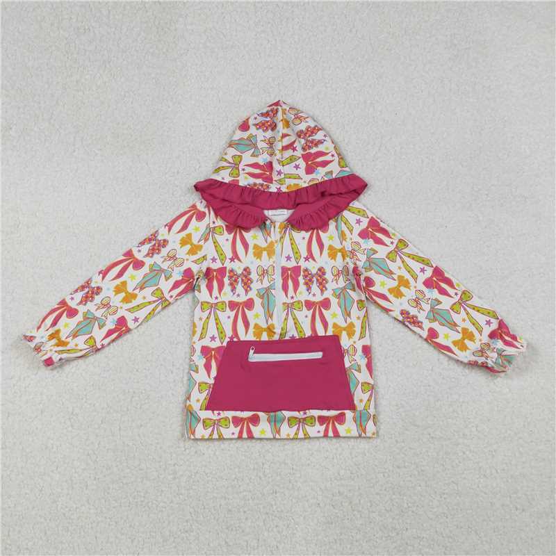 X915 GT1121 Rose red long-sleeved hooded top with bow pattern and star pattern and zippered pockets.