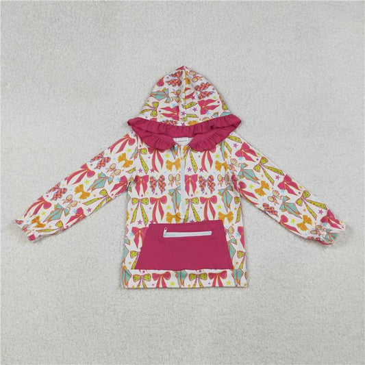 X915 GT1121 Rose red long-sleeved hooded top with bow pattern and star pattern and zippered pockets.