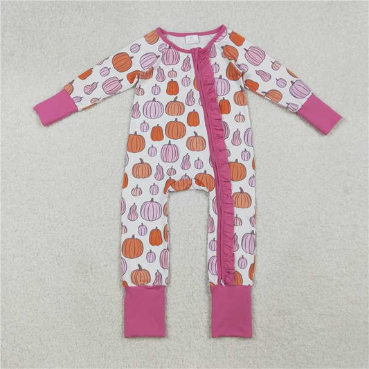X916 LR2566 Pumpkin pattern pink and white zip-up long-sleeved bodysuit