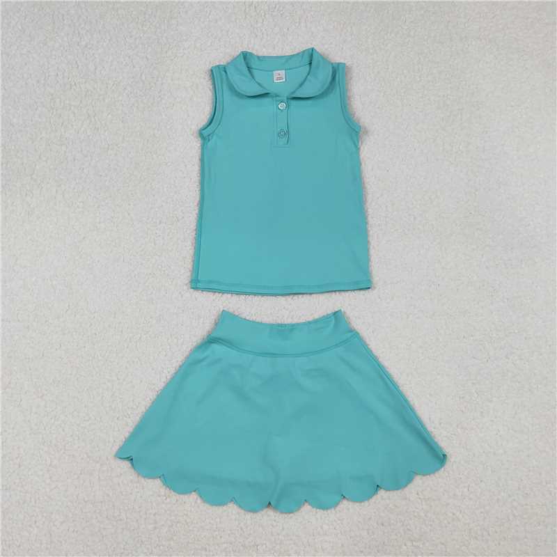 X11.6  GSD2349 Solid Color Blue-Green Peter Pan Collar Sleeveless Midi Skirt Yoga Set