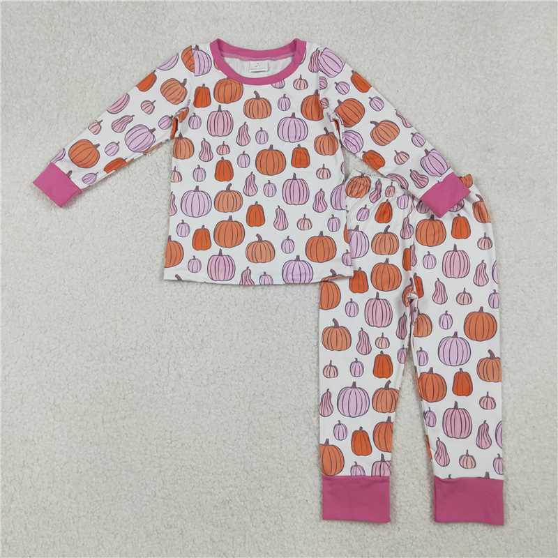 X108  GLP2702 Pink and white pumpkin pattern long-sleeved and long-pants pajama set