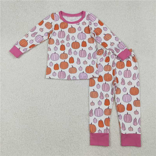 X108  GLP2702 Pink and white pumpkin pattern long-sleeved and long-pants pajama set