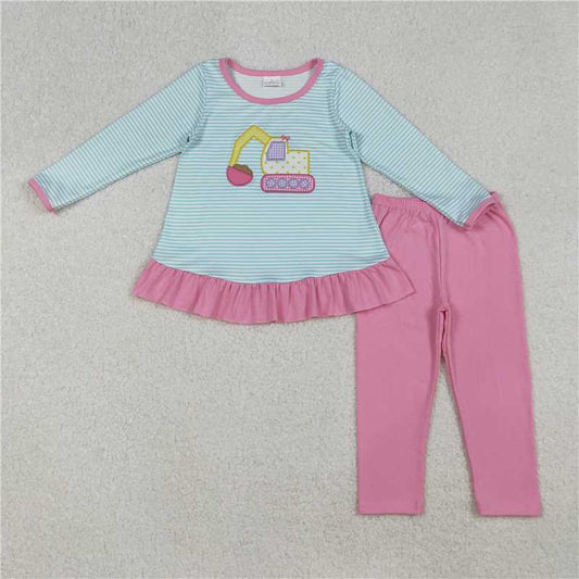 X106 GLP2466 Embroidered bow tie construction truck blue stripe long-sleeved pink pantsuit