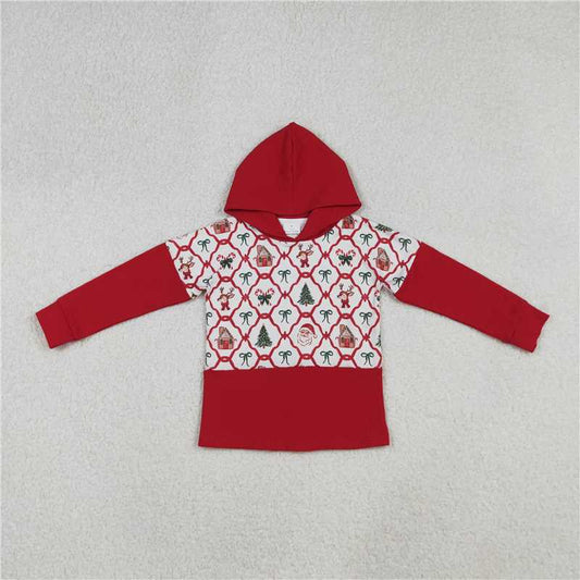X107  GT1042 Red long-sleeved hooded top with Santa Claus bow pattern