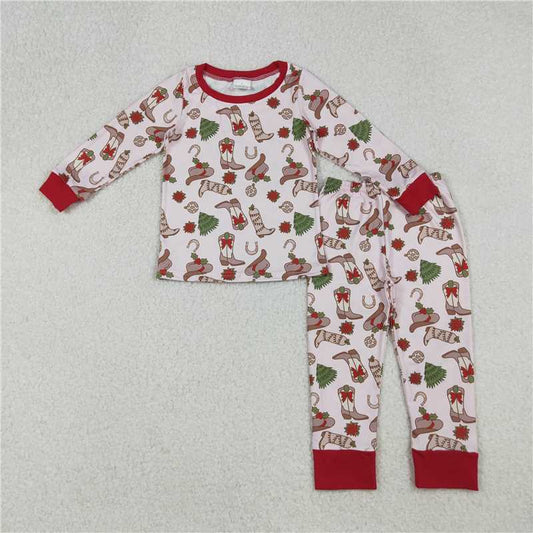 X108 GLP2729 Pink long-sleeved, long-pants pajama set with Christmas tree boots and hat