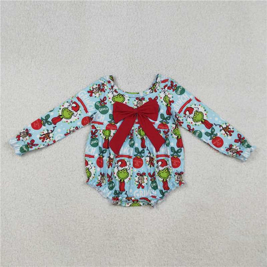 X107  LR2575 Grinch long-sleeved blue bodysuit with red bow