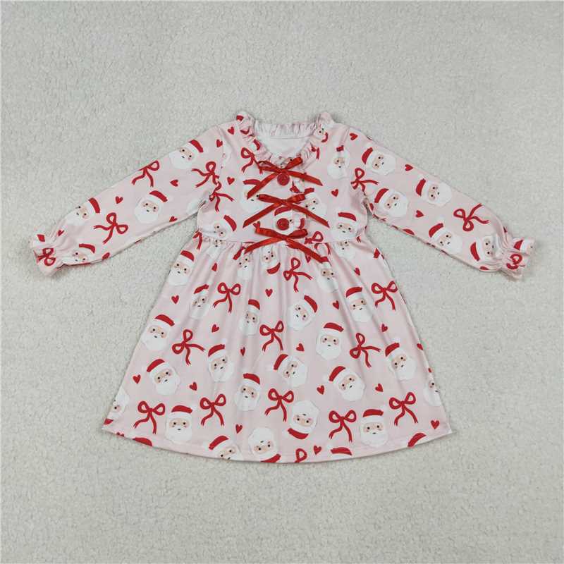 X107 GLD1233 Pink long-sleeved dress with Santa Claus red heart and bow pattern