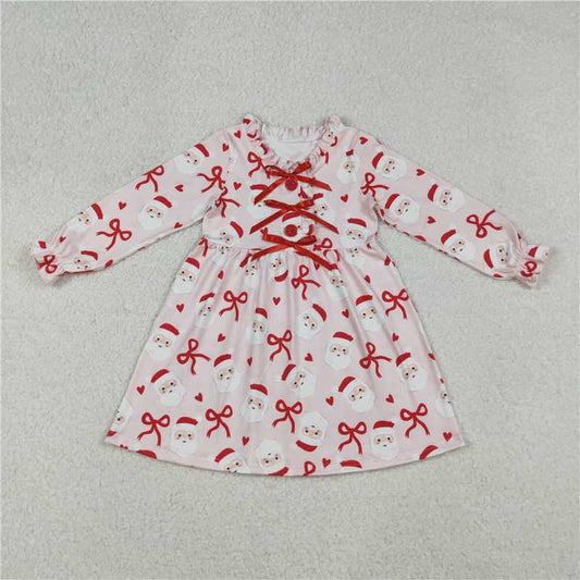 X107 GLD1233 Pink long-sleeved dress with Santa Claus red heart and bow pattern