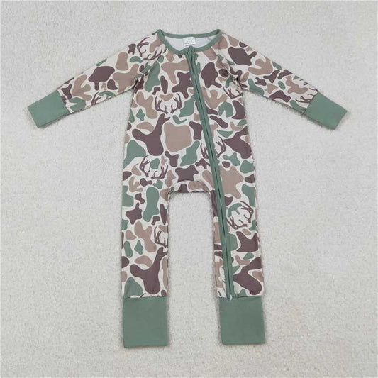 X10.13 LR2582 Deer Antler Brown and Green Camouflage Zippered Long-Sleeved Bodysuit