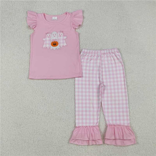 X106  GSPO2058 Embroidered Halloween Lantern Ghost Pink Flying Sleeve Plaid Pants Set
