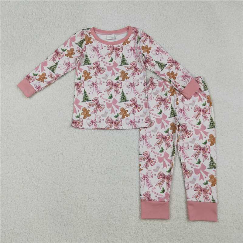 X108 GLP2542 Christmas gingerbread man sock bow pattern pink long-sleeved trousers pajama set