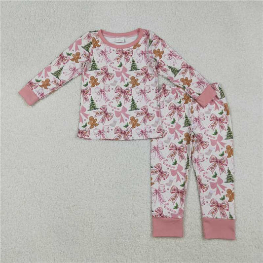 X108 GLP2542 Christmas gingerbread man sock bow pattern pink long-sleeved trousers pajama set